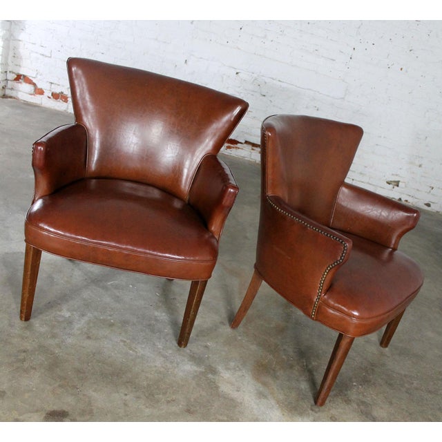 Art Deco Pair of Petite Brown Faux Leather Arm Chairs with ...