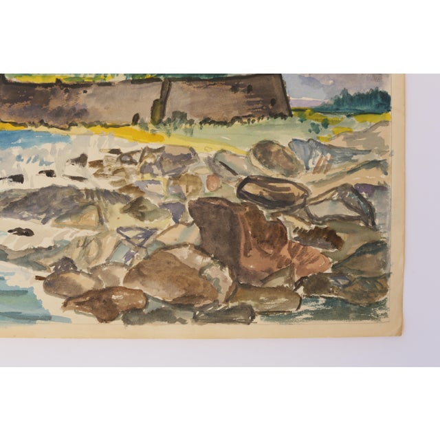 Paper Mid-Century Swedish Outsider Folk Art Original Watercolor Painting, Coastal Landscape With Fortress For Sale - Image 7 of 7