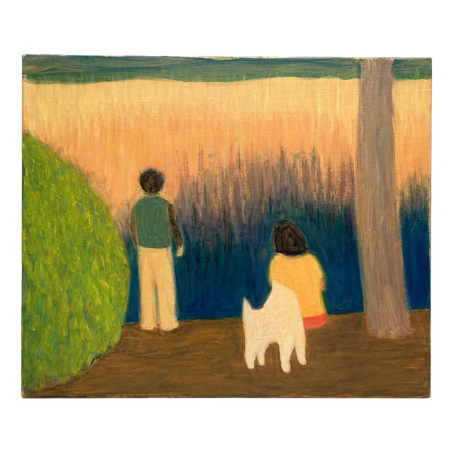 Makoto Igarashi, Man and Woman with Dog, Oil on Canvas, 1980s For Sale