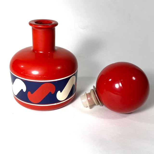 Italian painted decanter. Super fun Italian 1940s painted glass decanter – red with blue and white design. Oversize round...
