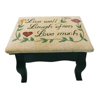 1980s Vintage Embroidered Wood Foot Stool, "Live Well, Laugh Often, Love Much" For Sale