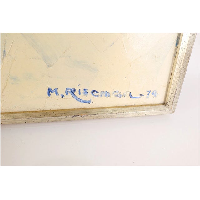 1970s Vintage Midcentury Modern Abstract Expressionist Oil on Canvas Painting in Blue, Marion Riseman, 1974 For Sale - Image 5 of 6