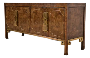 William Doezema for Mastercraft Mid-Century Modern Burl Wood and Brass Greek Key Sideboard Credenza, 1970s