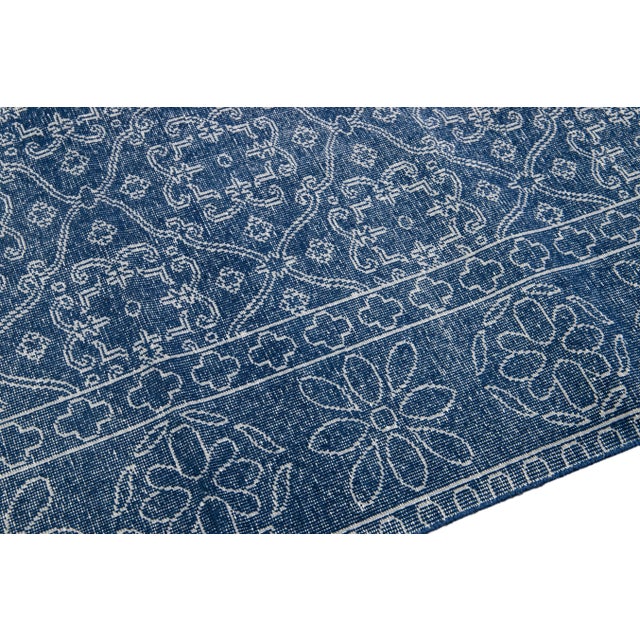 Textile Blue Mid-Century Modern Style Handmade Floral Trellis Motif Wool Rug For Sale - Image 7 of 11