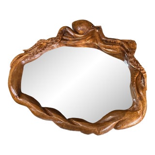 1970s Medium Size Intricate Octopus Hand Carved Wooden Mirror For Sale