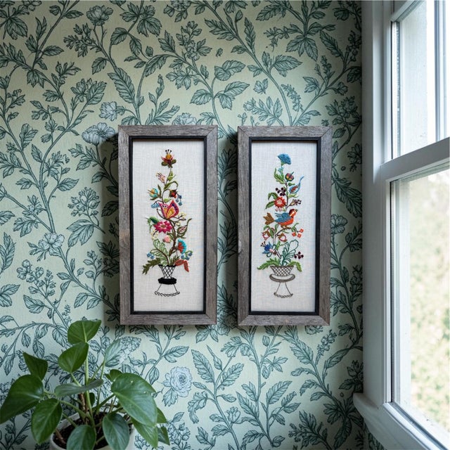 1960s Vintage Textile Framed Wall Art Jacobean Panel Duo Crewel Embroidery Butterfly Bluebird For Sale - Image 5 of 12