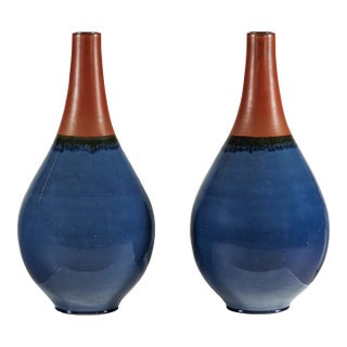 Large Artisan Teardrop Ceramic Vases in Deep Blue and Terracotta Glaze - A Pair For Sale