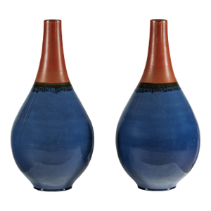 Large Artisan Teardrop Ceramic Vases in Deep Blue and Terracotta Glaze - A Pair