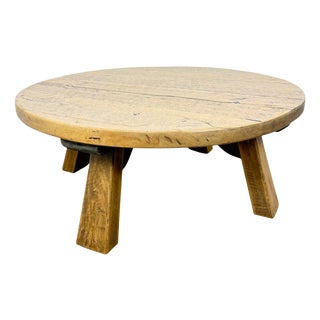 Vintage Rustic Brutalist European Round Oak Coffee Table , 1950s For Sale