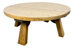 Vintage Rustic Brutalist European Round Oak Coffee Table , 1950s