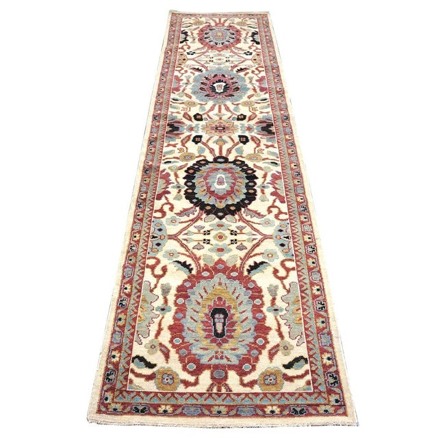 21st Century Afghan Wool Sultanabad 3x12 Ivory, Red, & Blue Handmade Runner Rug #1143661 For Sale - Image 4 of 13