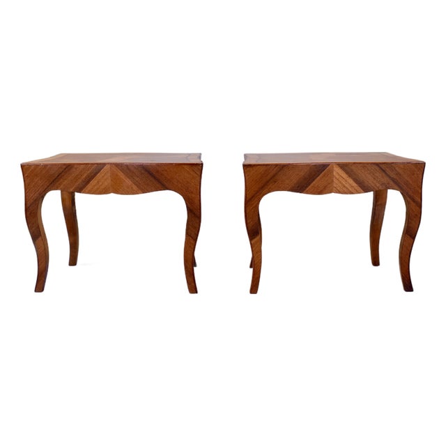Italian Parquetry Inlaid Olive Burl Wood Side Tables Louis XV Style For Sale