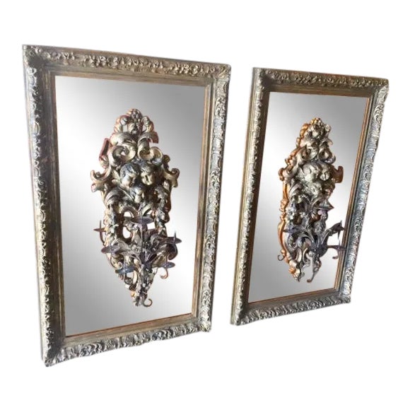 19th Century Italian Carved Giltwood Candles on Mirrors - A Pair For Sale