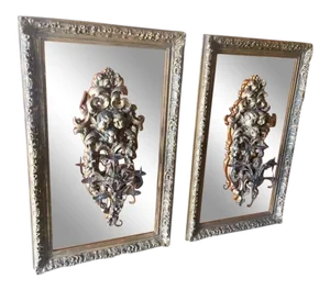 19th Century Italian Carved Giltwood Candles on Mirrors - A Pair