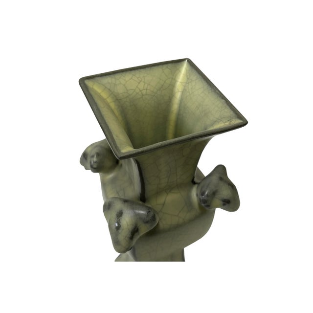 Chinese Chinese Ru Ware Yellow Crackle Ceramic Ram Heads Art Vase For Sale - Image 3 of 5