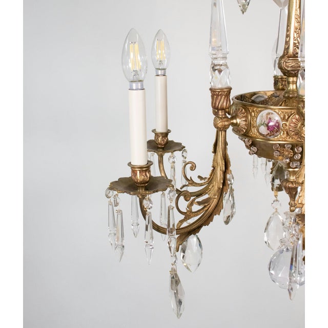Bronze Early 20th Century French Rococo Revival Six Arm Gilt Bronze and Crystal Chandelier With Porcelain Plaques For Sale - Image 8 of 16
