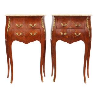 Vintage Marquetry Bedside Tables with Marble Tops, 1920s, Set of 2 For Sale