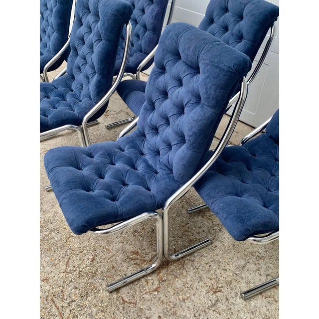 Mid-Century Modern MCM Daystrom Chrome Cantilever Blue Tufted Dining Chairs (Milo Baughman Style) - Set of 6 For Sale - Image 3 of 12