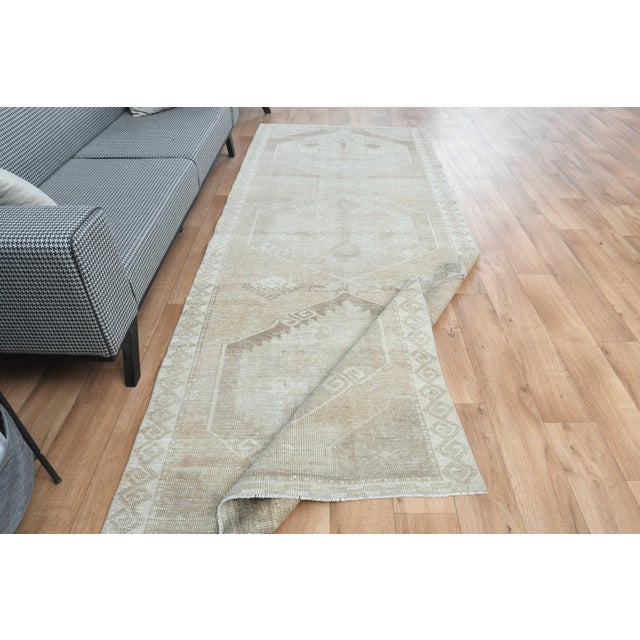 1970s Vintage Handmade Wool Cotton Turkish Beige Runner Rug For Sale - Image 9 of 11