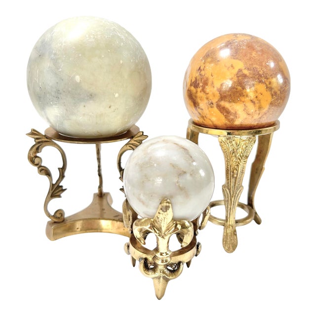 Vintage Marble & Onyx Decorative Spheres on Brass Pedestals – Set of 3 For Sale