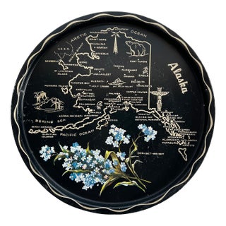 Mid 20th Century Round Alaska Tin Serving Tray in Black and Cream Mid Century For Sale