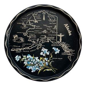 Mid 20th Century Round Alaska Tin Serving Tray in Black and Cream Mid Century