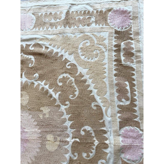 Textile Hand-Embroidered Neutral Tan Suzani Wall Hanging Decor, 5'2'' X 5'4'' For Sale - Image 7 of 9