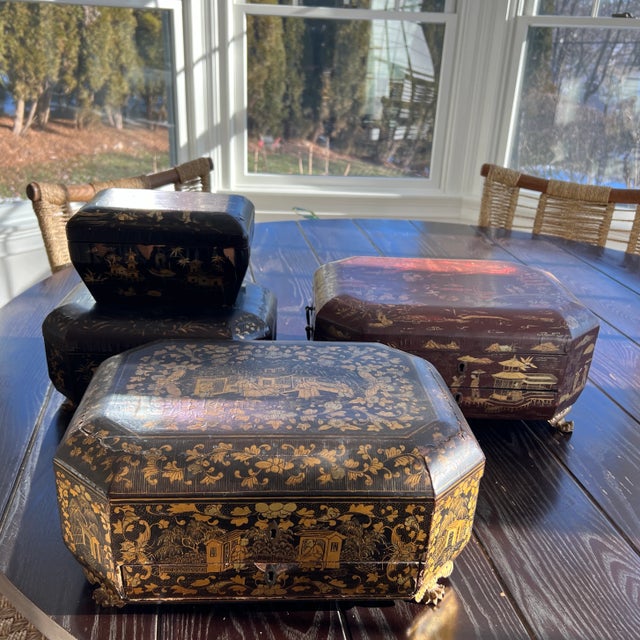 Antique 19th Century Finely Painted Oxblood Chinese Export Lacquered Sewing Box For Sale - Image 9 of 9