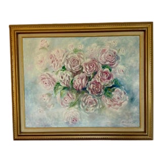 Large Signed Pink Rose Floral Painting in Ornate Gilt Frame, 2003 For Sale