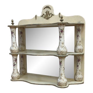 Late 19th Century Antique French Hand Painted Porcelain Columned Brass Mounted Mirror Back Dresden Style Wall/Vanity Shelf For Sale