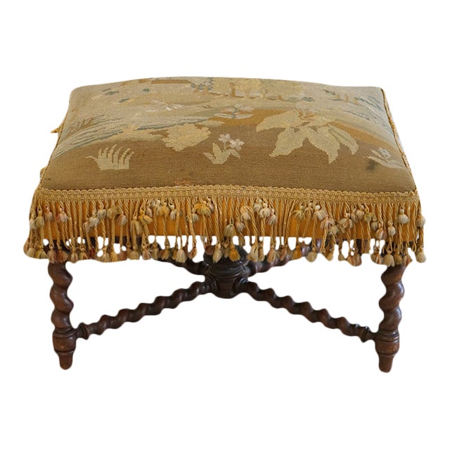 Antique Wooden Ottoman With Ornate Tapestry Upholstery, France Chairish