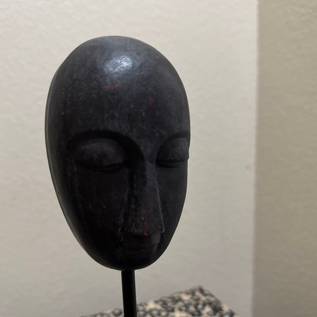 African 1980s Mid-Century Modernist African-Style Carved Wood Mask Sculpture on Stand For Sale - Image 3 of 5