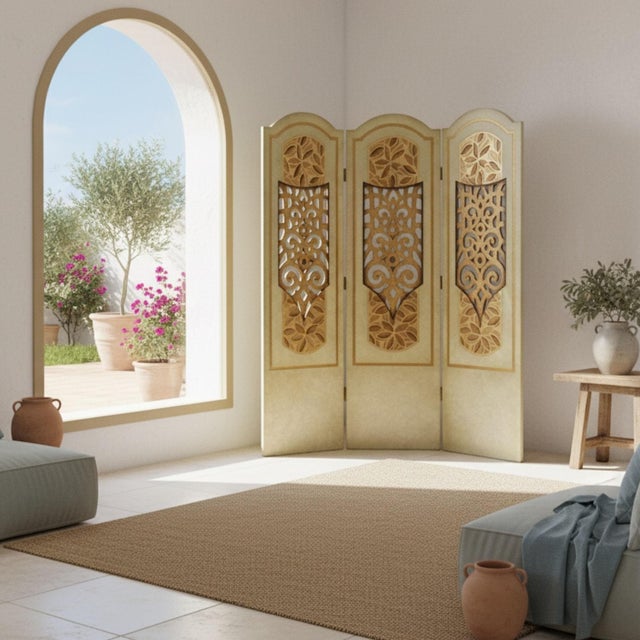 talianate 3 panel, double-sided, folding screen by ArtMax. The room divider blends Mediterranean botanical motifs with...