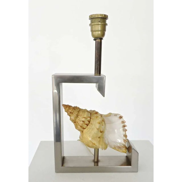 1970s French Table Lamp with Real Seashell Surrounded by Nickel Chrome Frame For Sale - Image 4 of 10