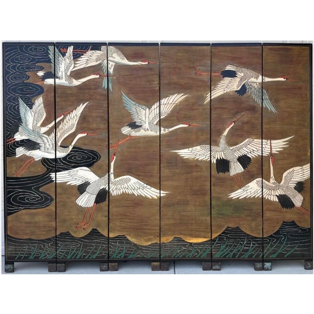 Japanese Decorative Japanese Six-Panel Double-Sided Lacquer Folding Screen With Hand-Painted Cranes For Sale - Image 3 of 18