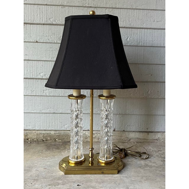 Waterford Two Column Crystal & Brass Bouillotte Lamp w/Black Shade 26” Signed Good vintage condition. No chips, cracks, or...