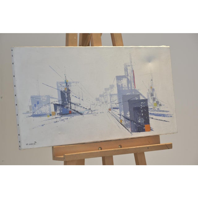 Abstract cityscape. Dynamic center of the image; the street scene draws the viewer in. Oil on canvas, wide format. Two...