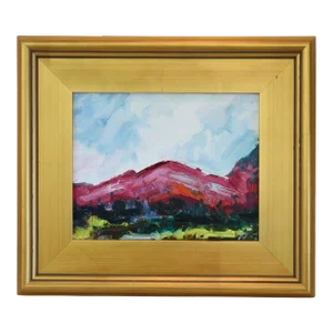 Red & Pink Mountains Impressionist Landscape Painting W/ Antiqued Gold Wood Frame