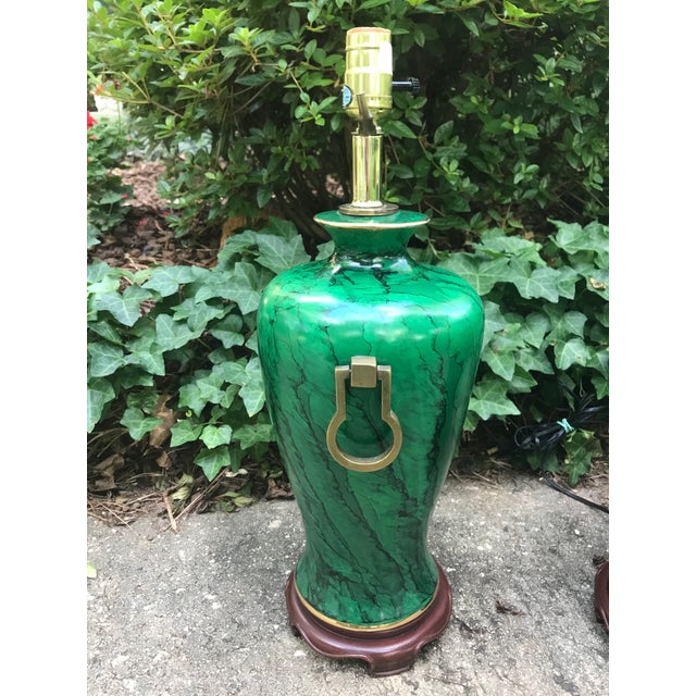 Faux Malachite Ginger Jar Lamps - A Pair. Beautiful faux malachite lamp pair with gold painted accents, solid brass...