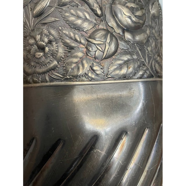 Silver Antique Meriden Silver-Plated Insulated Pitcher 12" – Quadruple Plate 1868 Ceramic Lined Victorian Carafe With Floral Details For Sale - Image 8 of 10