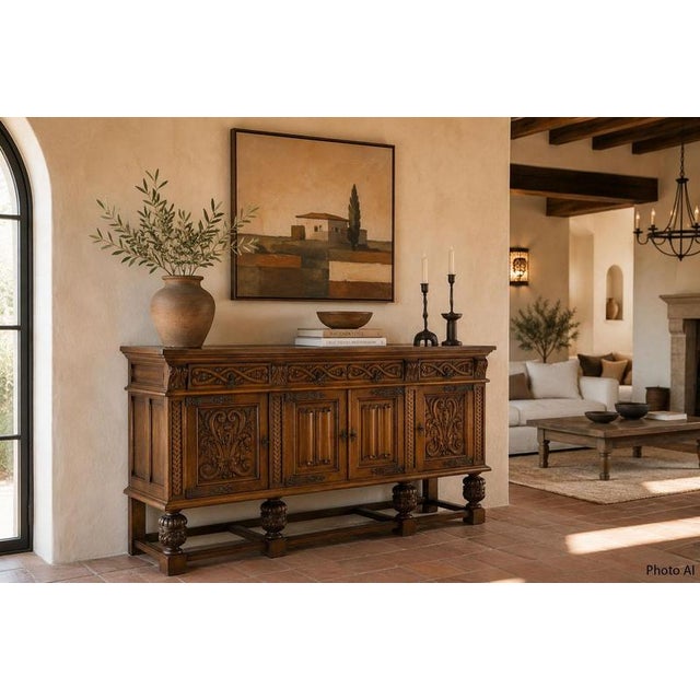Neo-Renaissance Spanish Large Carved Oak Buffet, 1950 For Sale - Image 17 of 18