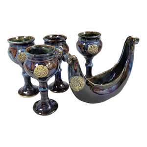 4 Irish Pottery Goblets and Viking Bowl - 5 Piece Set