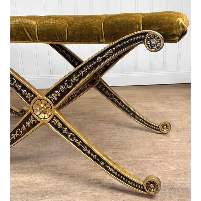 Vintage French Regency Double X Gilded Green Velvet Tuft Window Bench For Sale - Image 15 of 15