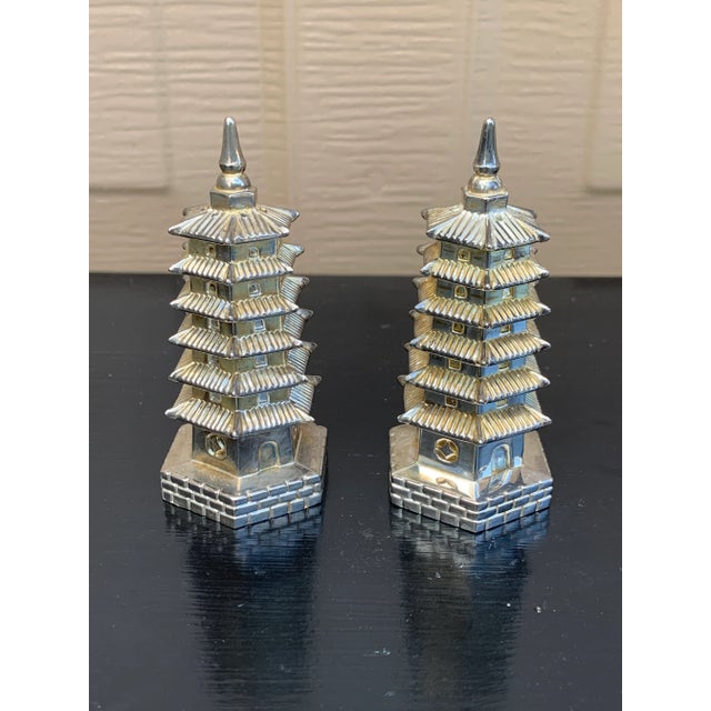 1970s 1970s Godinger Silver Plate Chinoiserie Pagoda Salt & Pepper Shakers For Sale - Image 5 of 8