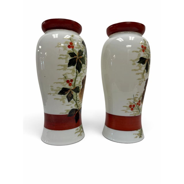 Antique Meiji Period Japanese Kutani Porcelain Dog & Berries Vases - A Pair For Sale In West Palm - Image 6 of 8