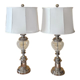 Pair of Tall Chrome Crackle Glass Table Lamps – Vintage Hollywood Regency Glam 3-Way Lighting For Sale