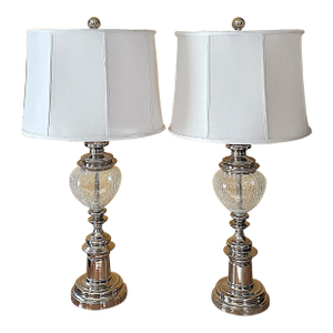 Pair of Tall Chrome Crackle Glass Table Lamps – Vintage Hollywood Regency Glam 3-Way Lighting