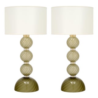 Venetian Glass, Classic Globe Lamps, Olive Green, Murano, Italy For Sale