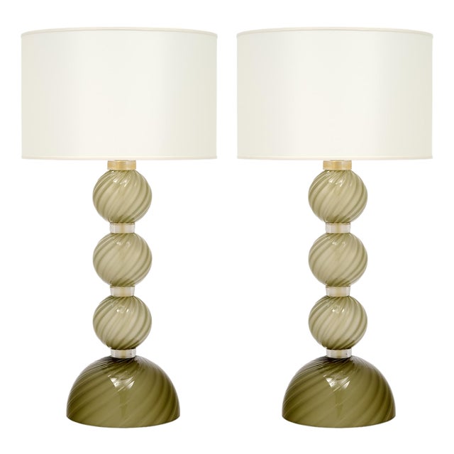 Venetian Glass, Classic Globe Lamps, Olive Green, Murano, Italy For Sale