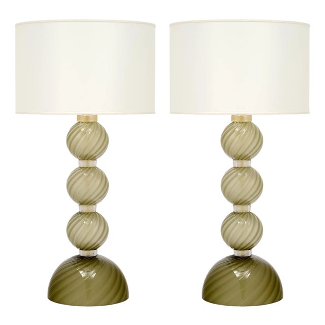 Venetian Glass, Classic Globe Lamps, Olive Green, Murano, Italy - a Pair For Sale